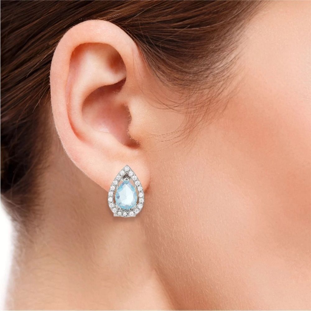 Blue Topaz Tear Drop hinge closure silver earrings - Picture 3 of 9